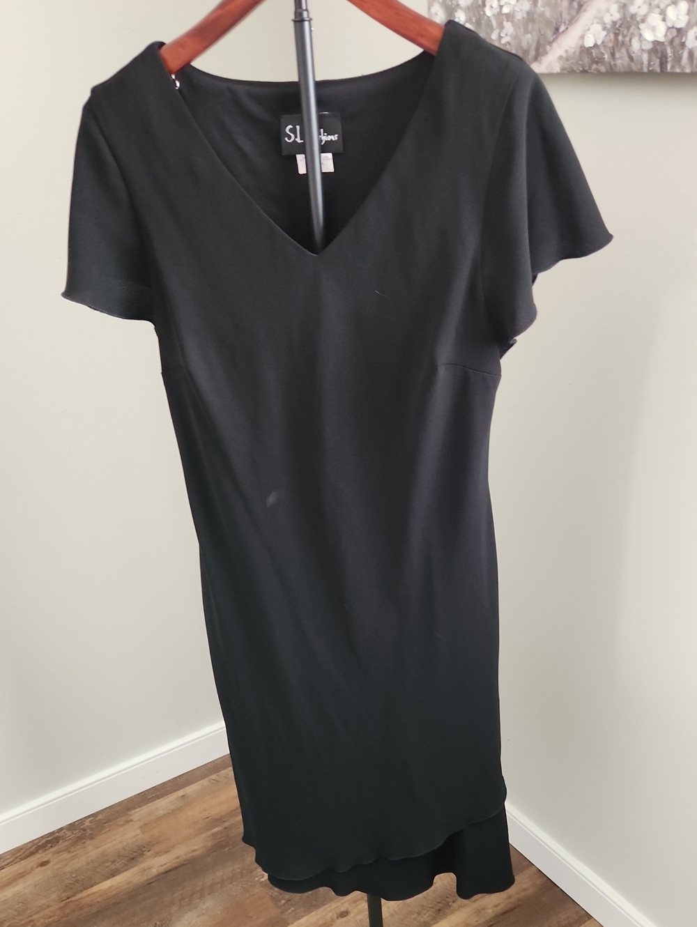 SL Fashions Black V-Neck Midi Dress with Flutter Sleeves Size 14